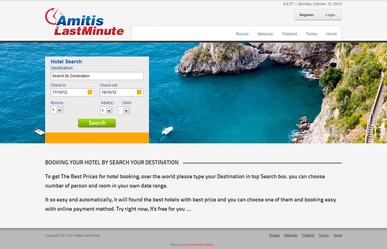 تصویری از صفحه نخست وب‌سایت سایت رزرواسیون هتل، پرواز، قطار و خودرو Amitis Last Minute