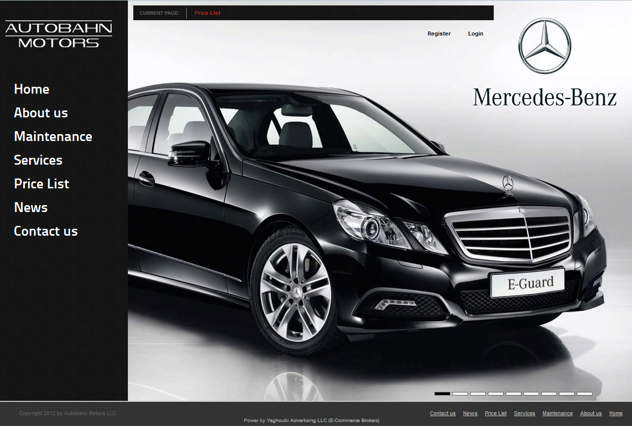 تصویری از صفحه نخست وب‌سایت شرکت نمایندگی تعمیرات مرسدس بنز Autobahn Motors
