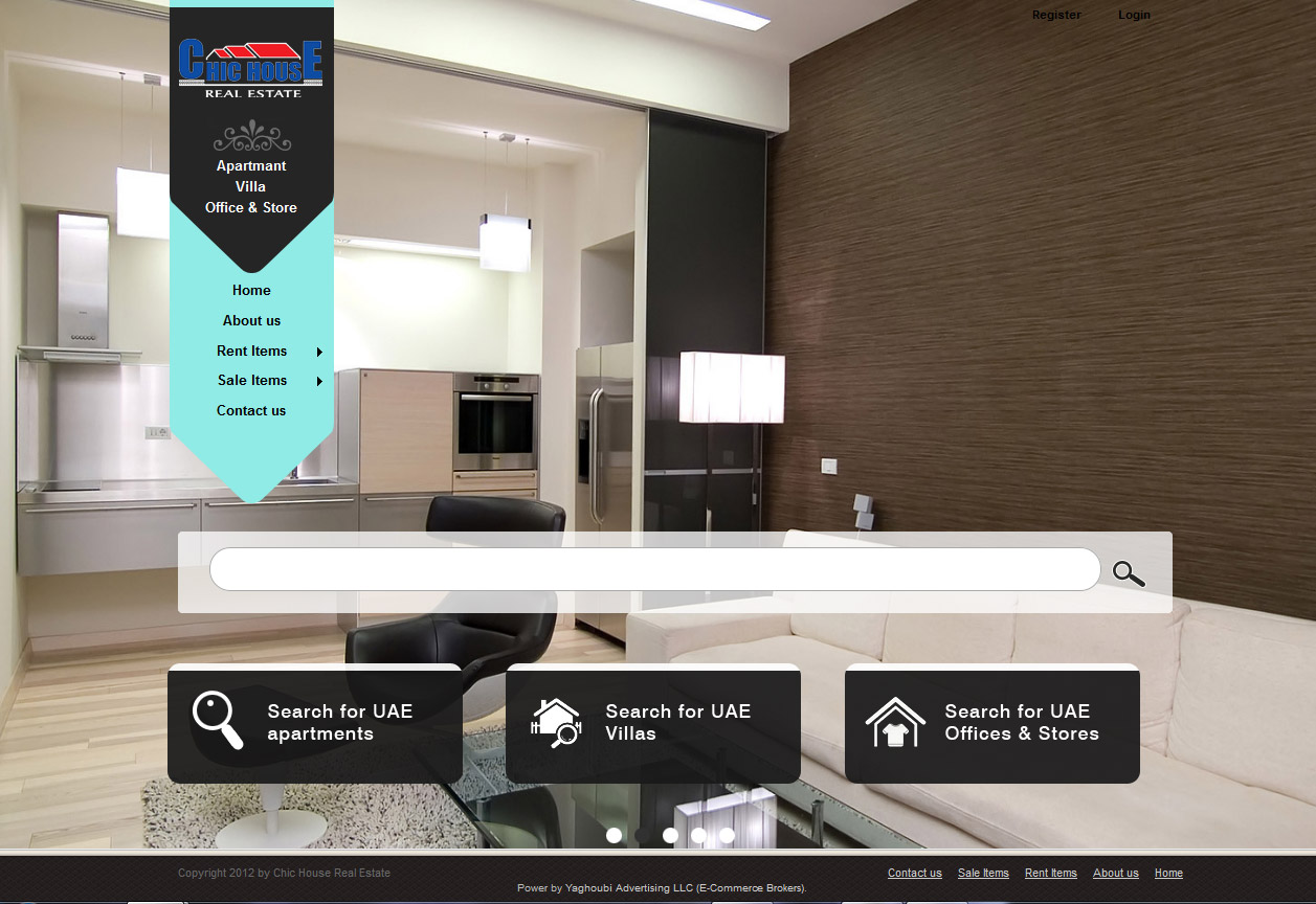 تصویری از صفحه نخست وب‌سایت مشاورین املاک Chic House‌ دوبی