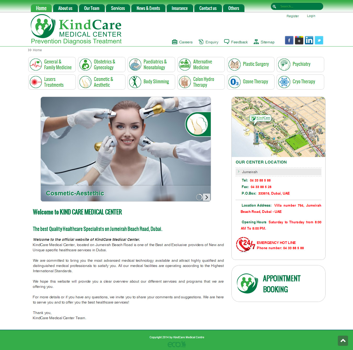تصویری از صفحه نخست وب‌سایت پلی کلینیک تخصصی Kind Care Medical Center دوبی