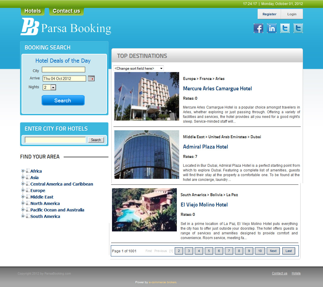 تصویری از صفحه نخست وب‌سایت سامانه رزرو آنلاین هتل Parsa Booking