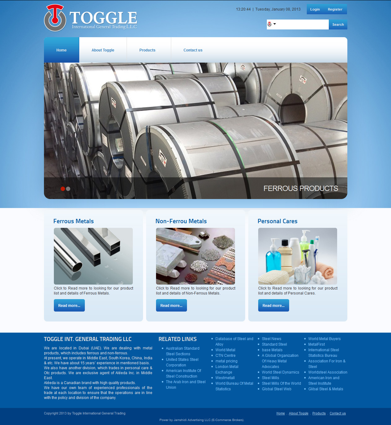 تصویری از صفحه نخست وب‌سایت شرکت تجاری بین‌المللی تگلو Toggle Int. General Trading Co
