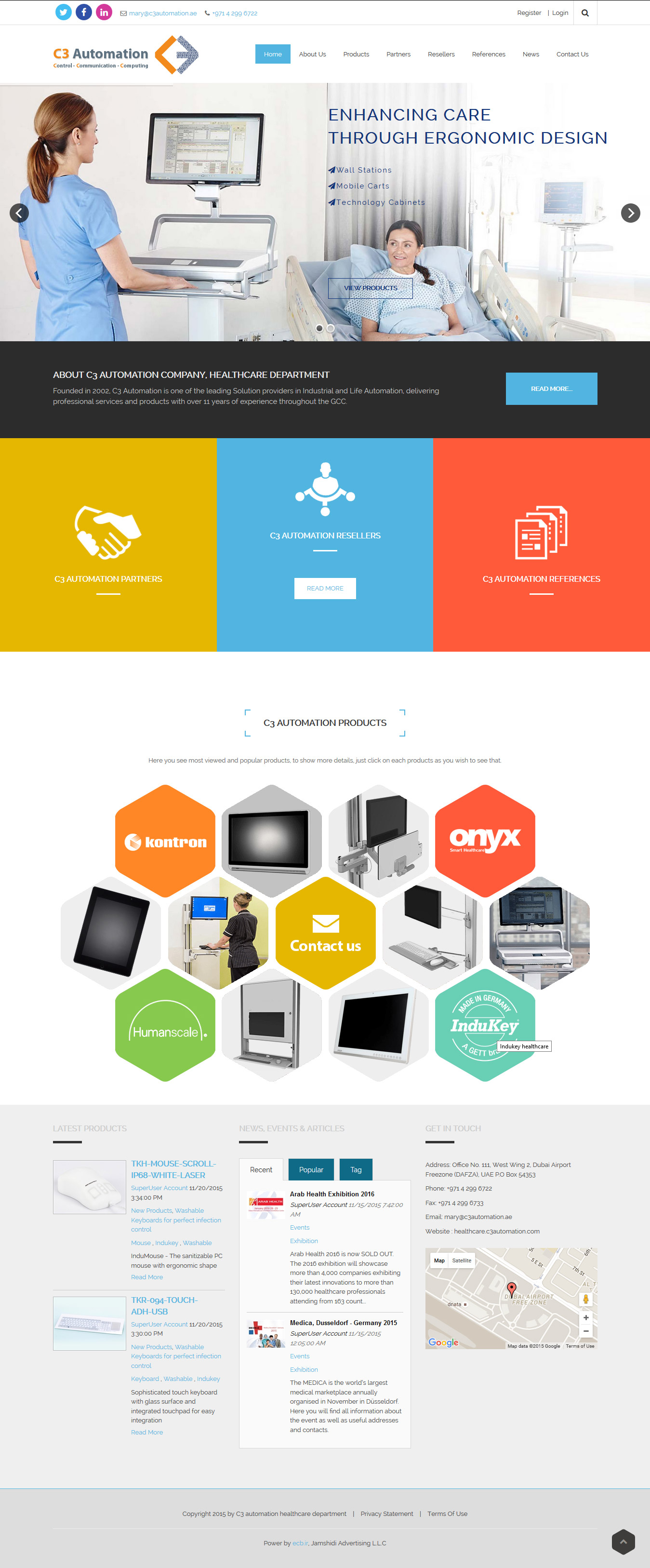 تصویری از صفحه نخست وب‌سایت شرکت تجهیزات پزشکی C3 Automation‌ دوبی