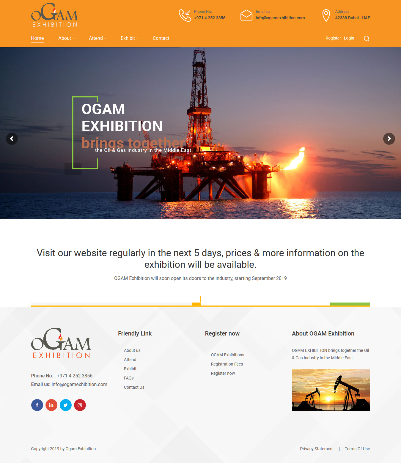 تصویری از صفحه نخست وب‌سایت شرکت OGAM Exhibition دوبی